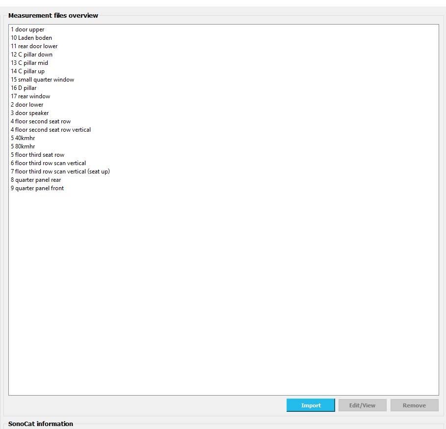 Figure 3. Overview of the measurement files, as shown in the Sonocat software, indicating all the measurement scans.